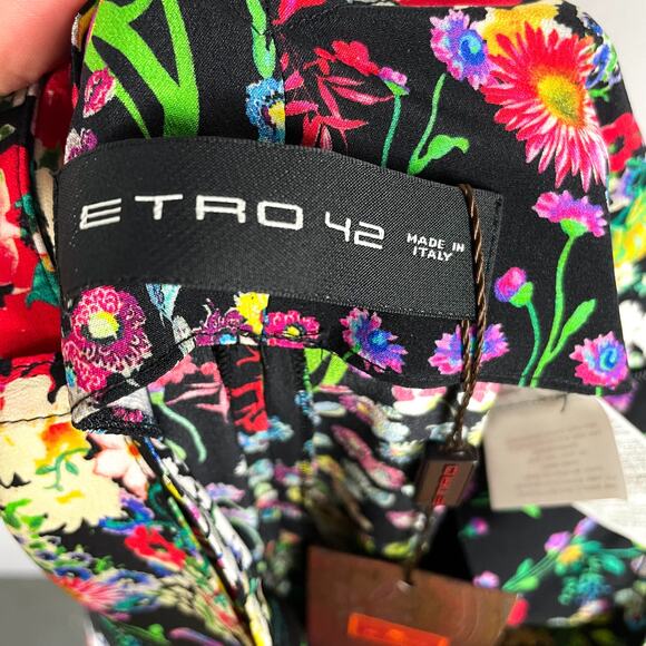 ETRO Floral Pants Set Black Silk 2pc One Shoulder Top Wide Leg Sz 42 IT / M - Picture 13 of 15